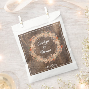 Rustic Farmhouse Wood Grain Pink Flowers Wedding Favour Bag