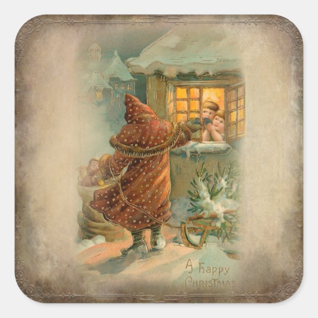 Rustic Father Christmas with Children at Window Square Sticker (Front)