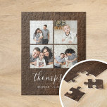 Rustic Faux Barn Wood Family Photo Collage Jigsaw Puzzle<br><div class="desc">Custom printed jigsaw puzzle personalized with your family photos and monogram on a faux barn wood background. Add your family name monogram or other custom text with space for 4 square Instagram photos. Use the design tools to add more photos and edit the text fonts and colours to create a...</div>