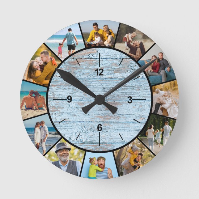 Rustic Faux Blue Wood Fence 12 Photo Collage Round Clock (Front)