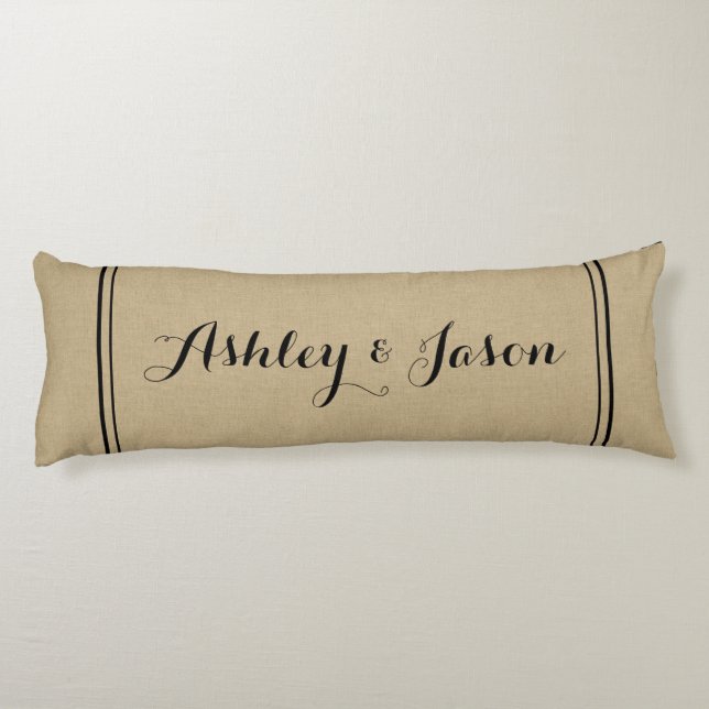 Rustic Faux Burlap and Black Monogrammed Body Pillow (Back)