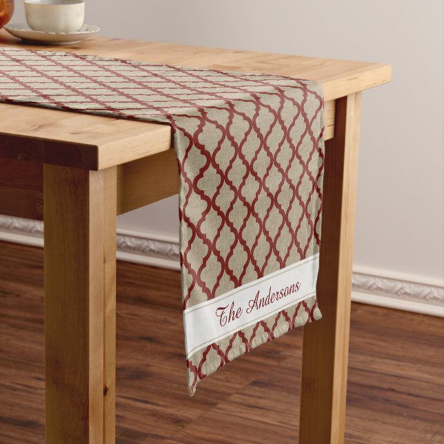 Rustic Faux Burlap and Red Moroccan Quatrefoil Short Table Runner (In Situ)
