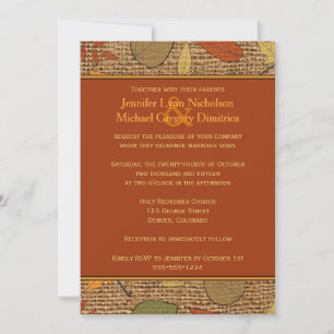 Rustic FAUX Burlap, Autumn Leaves Wedding Invite 2