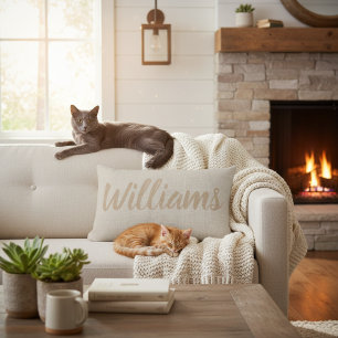 Rustic Faux Burlap Calligraphy Family Name Pillow