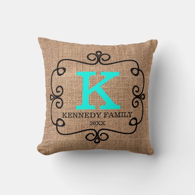 Rustic Faux Burlap Family Name Monogram Throw Pillow (Front)