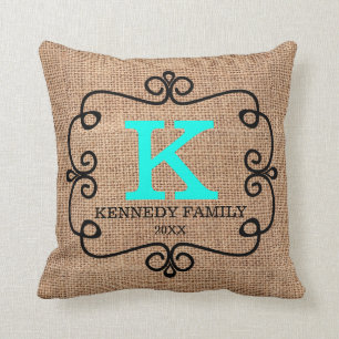 Rustic Faux Burlap Family Name Monogram Throw Pillow