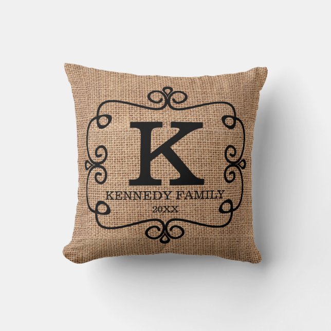 Rustic Faux Burlap Family Name Monogrammed Throw Pillow (Front)