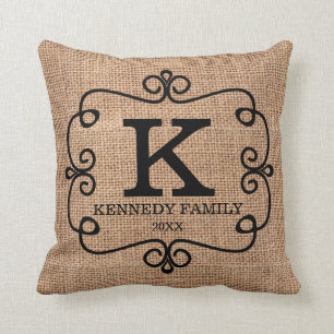 Rustic Faux Burlap Family Name Monogrammed Throw Pillow
