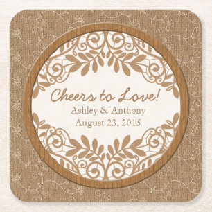 Rustic Faux Burlap Lace Wood Wedding Personalized Square Paper Coaster