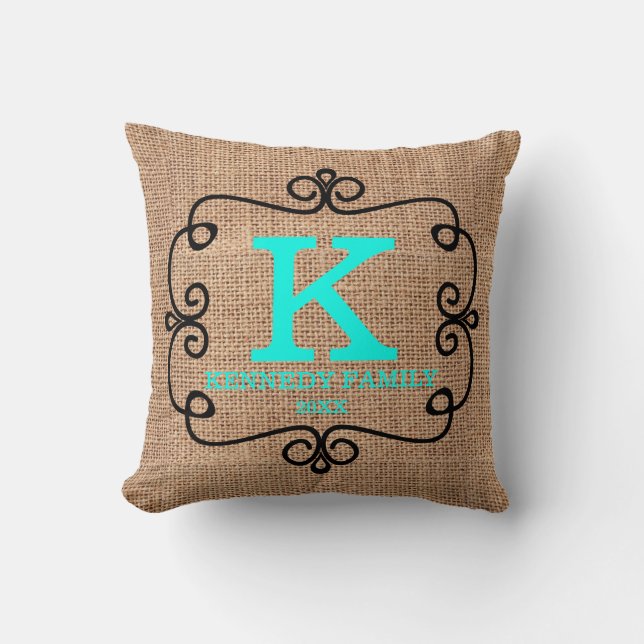 Rustic Faux Burlap Turquoise Family Name Monogram Throw Pillow (Front)