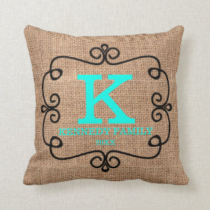 Rustic Faux Burlap Turquoise Family Name Monogram Throw Pillow