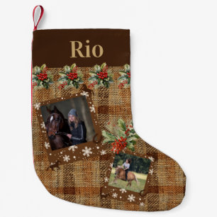 Rustic Faux Burlap Two Photo Name Horse Small Christmas Stocking
