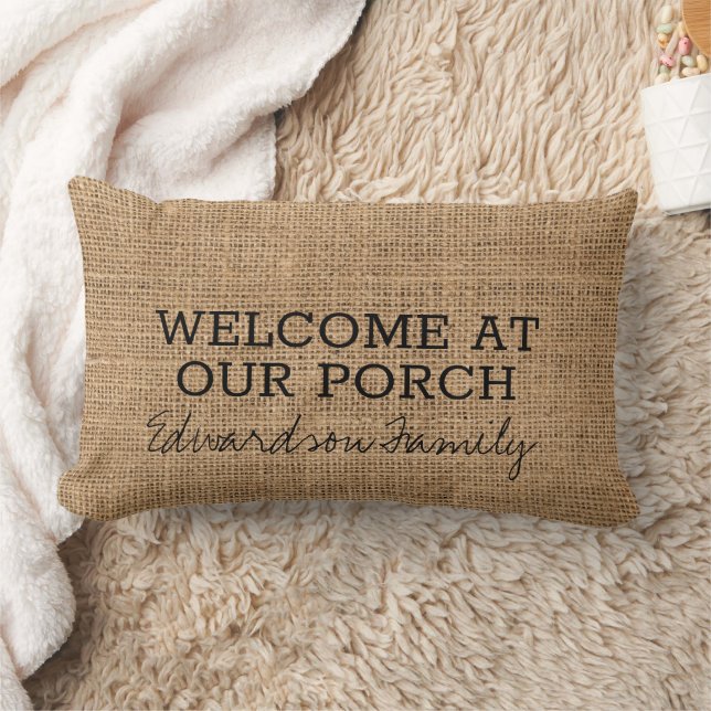Rustic faux burlap welcome porch family name lumbar pillow (Blanket)