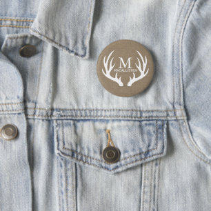 Rustic Faux Burlap White Deer Antlers 2 Inch Round Button