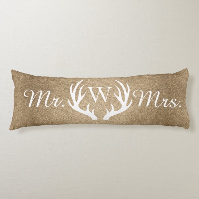 Rustic Faux Burlap & White Deer Antlers Body Pillow (Front)