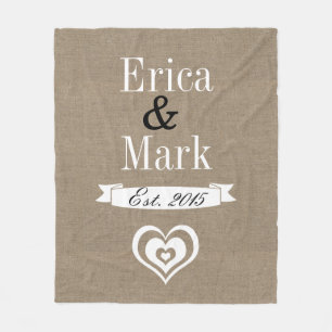 Rustic Faux Burlap White Heart Couple's Names Fleece Blanket
