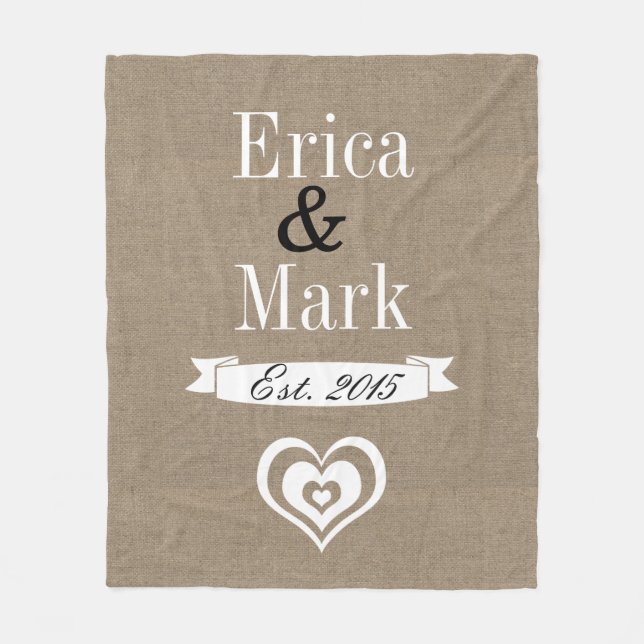 Rustic Faux Burlap White Heart Couple's Names Fleece Blanket (Front)