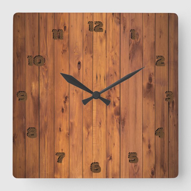 Rustic Faux Cherry Wood Stylized 3d Number Square Wall Clock (Front)