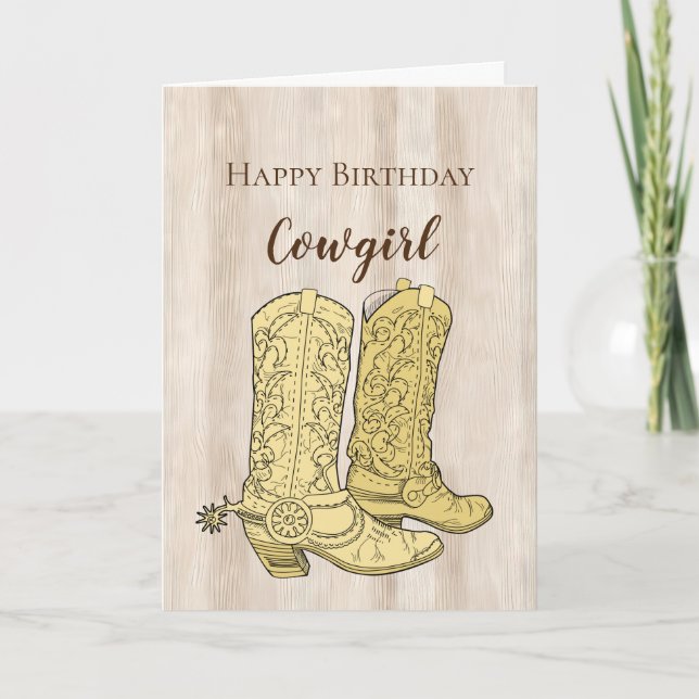 Rustic Faux Cream White Wood Cowboy Boots Birthday Card (Front)