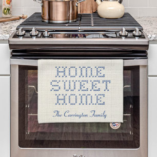 Rustic Faux Cross-Stitch Home Sweet Home Blue Kitchen Towel