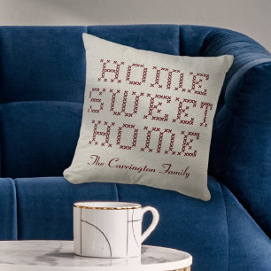 Rustic Faux Cross-Stitch Home Sweet Home Burgundy Throw Pillow