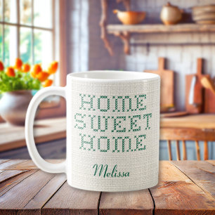 Rustic Faux Cross-Stitch Home Sweet Home Green Coffee Mug
