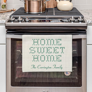 Rustic Faux Cross-Stitch Home Sweet Home Green Kitchen Towel