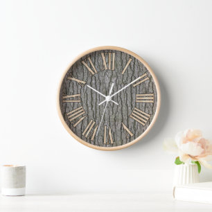 Rustic Faux Dry Wood Grain Tree Bark Clock