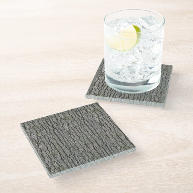 Rustic Faux Dry Wood Grain Tree Bark Glass Coaster (Angled)