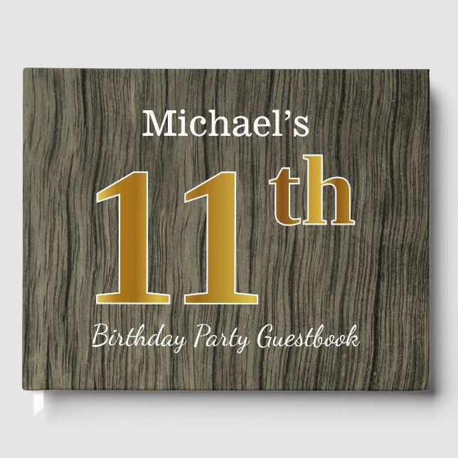 Rustic, Faux Gold 11th Birthday Party; Custom Name Guest Book (Front)