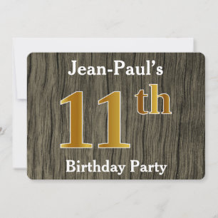 Rustic, Faux Gold 11th Birthday Party; Custom Name Invitation