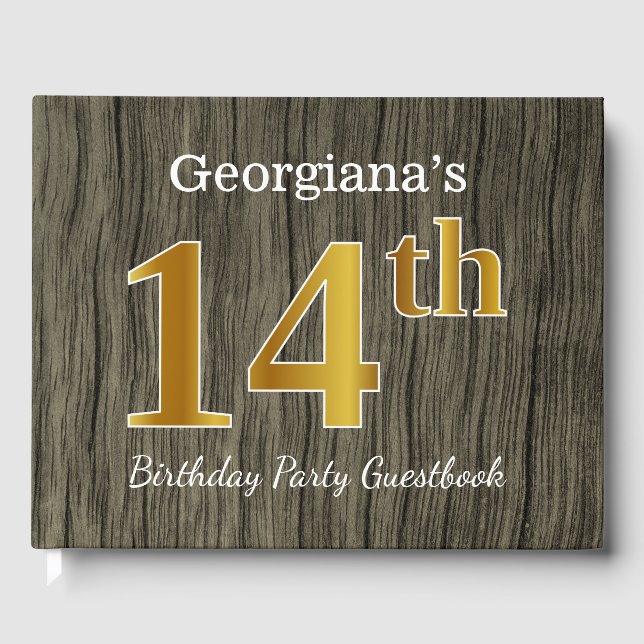 Rustic, Faux Gold 14th Birthday Party; Custom Name Guest Book (Front)