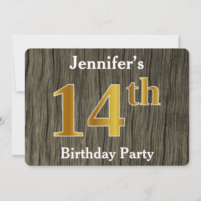 Rustic, Faux Gold 14th Birthday Party; Custom Name Invitation (Front)
