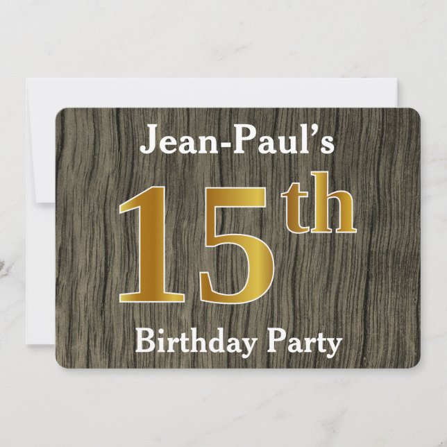 Rustic, Faux Gold 15th Birthday Party; Custom Name Invitation (Front)