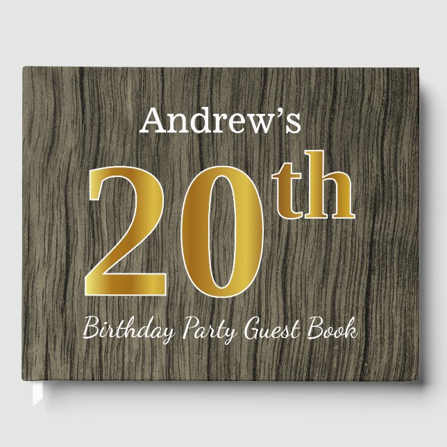 Rustic, Faux Gold 20th Birthday Party; Custom Name Guest Book (Front)