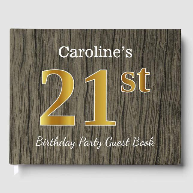 Rustic, Faux Gold 21st Birthday Party; Custom Name Guest Book (Front)