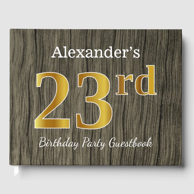 Rustic, Faux Gold 23rd Birthday Party; Custom Name Guest Book (Front)