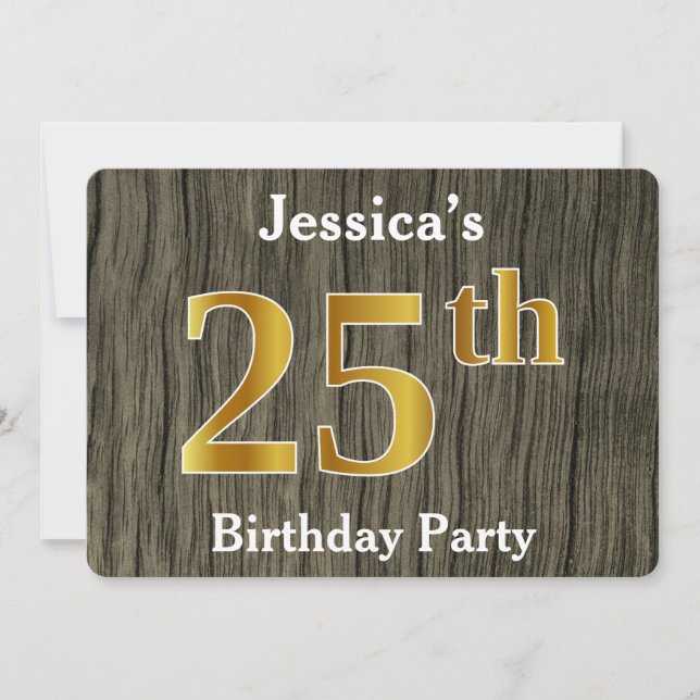 Rustic, Faux Gold 25th Birthday Party; Custom Name Invitation (Front)