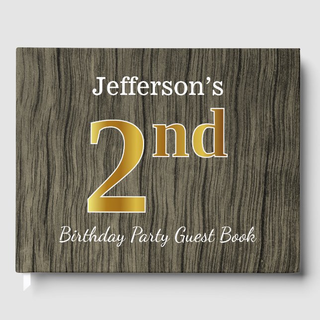 Rustic, Faux Gold 2nd Birthday Party + Custom Name Guest Book (Front)