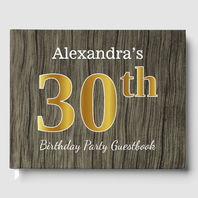 Rustic, Faux Gold 30th Birthday Party; Custom Name Guest Book (Front)