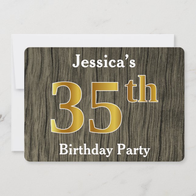 Rustic, Faux Gold 35th Birthday Party; Custom Name Invitation (Front)