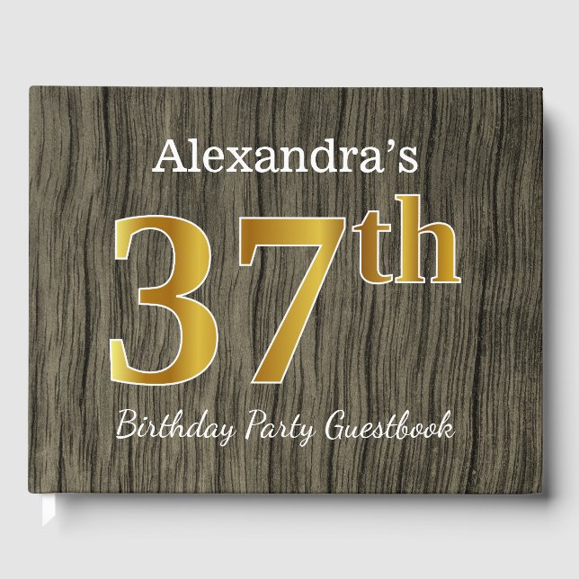 Rustic, Faux Gold 37th Birthday Party; Custom Name Guest Book (Front)