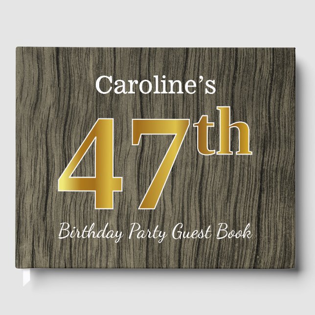 Rustic, Faux Gold 47th Birthday Party; Custom Name Guest Book (Front)