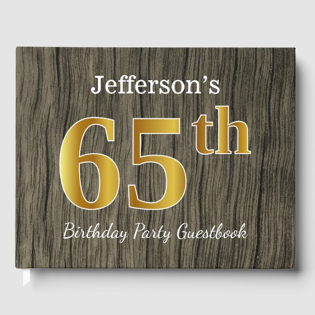 Rustic, Faux Gold 65th Birthday Party; Custom Name Guest Book (Front)