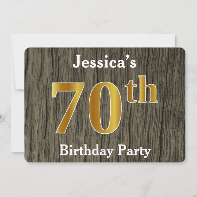 Rustic, Faux Gold 70th Birthday Party; Custom Name Invitation (Front)