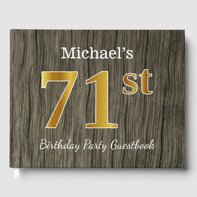 Rustic, Faux Gold 71st Birthday Party; Custom Name Guest Book (Front)