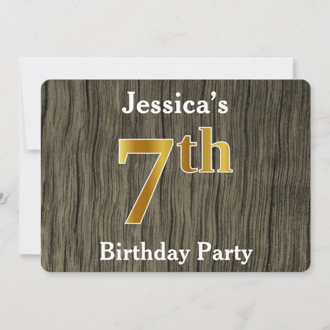 Rustic, Faux Gold 7th Birthday Party; Custom Name Invitation (Front)