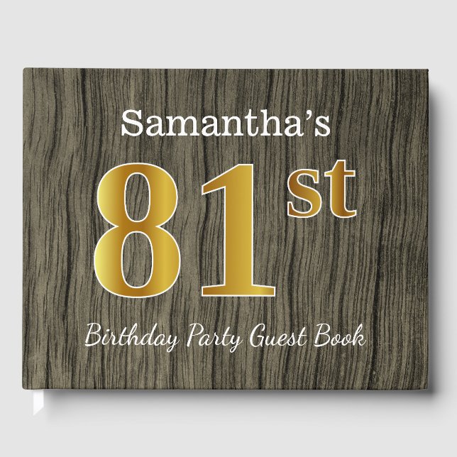 Rustic, Faux Gold 81st Birthday Party; Custom Name Guest Book (Front)