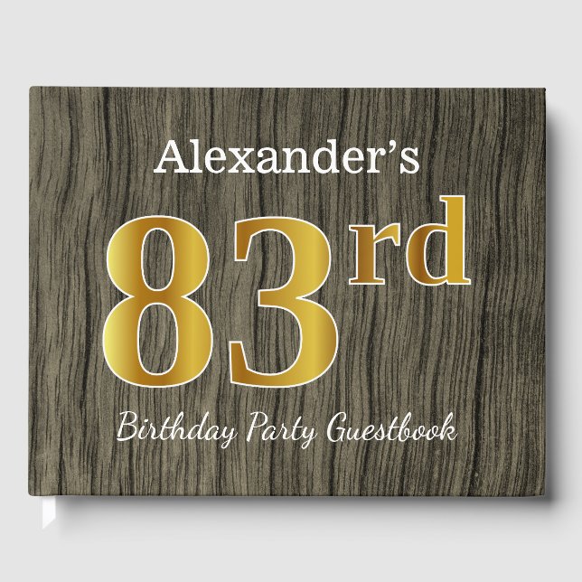 Rustic, Faux Gold 83rd Birthday Party; Custom Name Guest Book (Front)