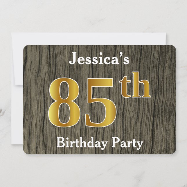 Rustic, Faux Gold 85th Birthday Party; Custom Name Invitation (Front)
